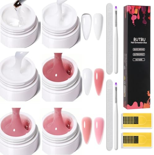 BUTBU 6 stycken Salon-bygggeléer för gelnaglar, UV-gel för modellering, akrylgel, bygggel, med pappershållare och slipstång, starkt skydd för nagelförlängningar