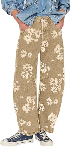 loveimgs Women Y2k Distressed Barrel Jeans Baggy Wide Leg Jeans Floral Printed Boyfriend Patchwork Denim Pants, Khaki, Large