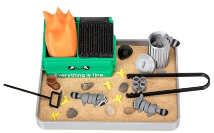 Stylor Dumpster Fire Zen Garden Desk Decor - Miniature Sandbox with Raccoon & Flames, Humorous Office Stress Relief Gift, Includes Stones, Sand & Accessories