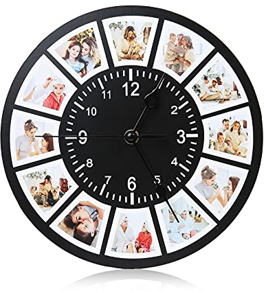 Glimmerday Horloge Murale en Bois - Personnalisée avec 12 Photos - Silencieuse, sans Tic-Tac - 25 cm Ø - Design pour Salon, Chambre et Cuisine - Cadeau pour Maman, Papa, Amis et Famille