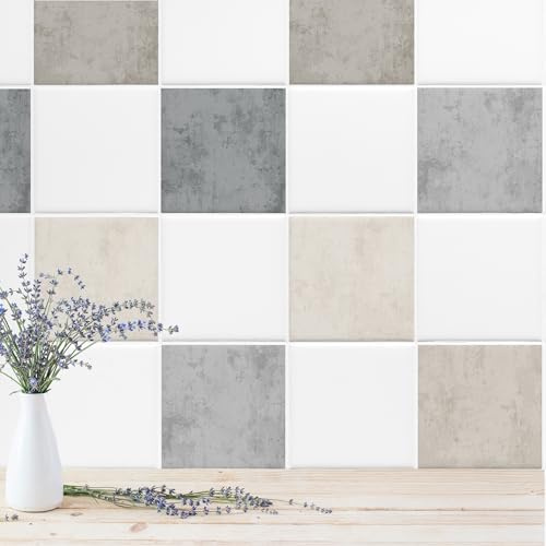 GRAZDesign Selbstklebende Fliesenaufkleber Betonoptik Grau Beige - Moderne Wanddekoration PVC Wasserdicht - 15x15cm / 30 Stück