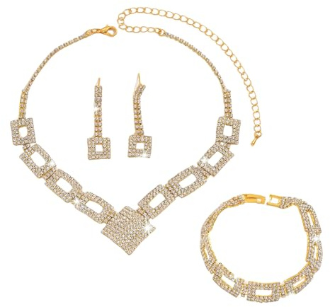 XFSRG Joyería Mujer 3 Piezas Conjunto Collar en V Pulsera y Pendientes con Strass Acabado en Oro Ideal para Bodas Noches y Looks Elegantes