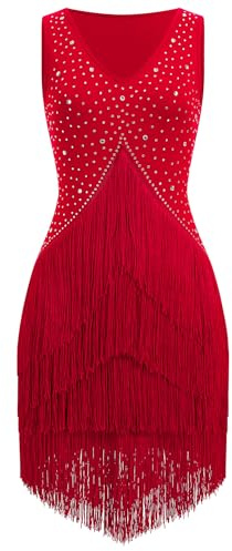EFOGEP Damen Fransenkleid Tanzkleid Salsa Bachata mit Strass | Mehrlagige Fransen im Vintage-Stil mit eleganter Optik für Salsa, Bachata, Shows und festliche Anlässe