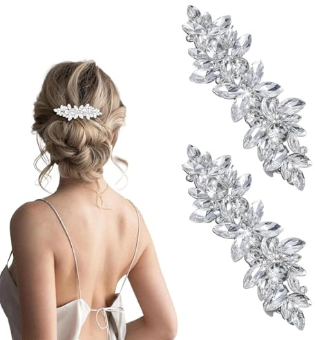 dinghaole 2 Pièces Barrettes à cheveux en Strass, Clips de Cheveux de Mariée Strass, Coiffe de Mariage Pince à Cheveux Argentée Cristal Perle Pinces à Cheveux Cristal Fleur Barrettes à Cheveux