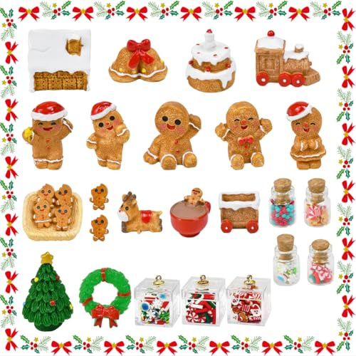 FuxFuis Lot de 28 accessoires miniatures pour maison de poupée - Accessoires de Noël - Mini maison en pain d'épice - Lutin de Noël - Accessoires pour scène miniature - Modèle DIY Party