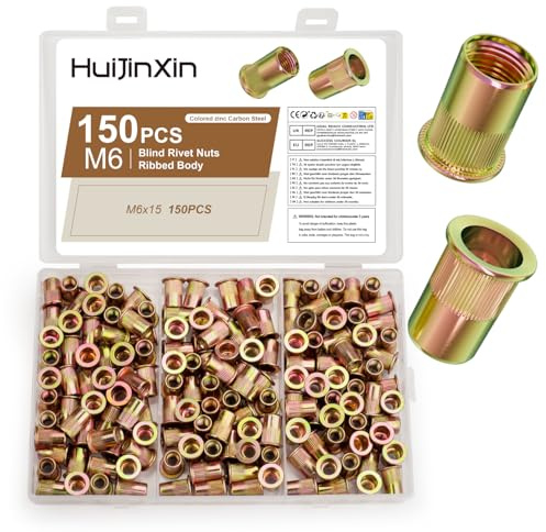 150 Pcs Rivet Nuts Kit, Rivnuts Kit, M6 Flat Head Threaded Insert Nuts, Carbon Steel Threaded Insert Nutsert Blind Rivet Inserts Nut Assortment Set for for Metal Sheets Wood Electrical