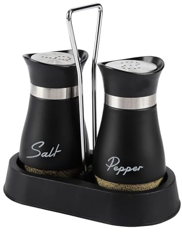 Salt and Pepper Sets|Salt Shaker| Salt and Pepper Shakers with Holders|Dispenser for Cooking, Camping (Black)