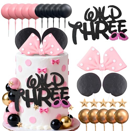 Mouse Cake Topper Wild Three Cake Decor Pink Bow Ears Cake Decorations for Girl Birthday Baby Shower Party Supplies