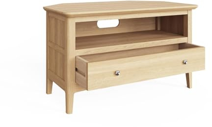 FWStyle 1 Drawer Corner TV Unit – Hudson Ready Assembled Natural Ash Wooden Media Cabinet with Storage Drawer & Open Shelf – Solid Wood Ash Veneer TV Stand with Cable Management