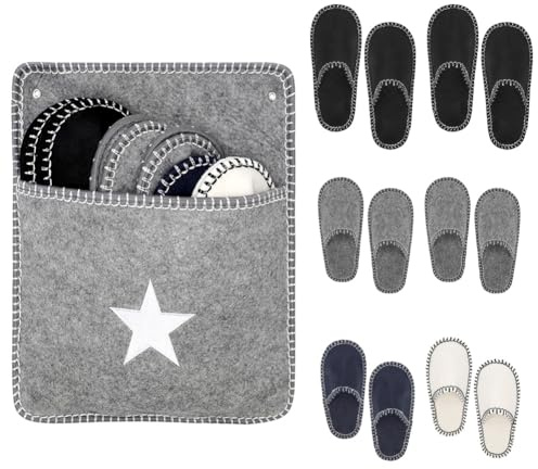 Umllpet Gästtofflor, 6 par halkfria set med filttofflor, filttofflor med förvaringsväska, tofflor set med ficka, bekväma och halkfria tofflor, halkfri sula, unisex