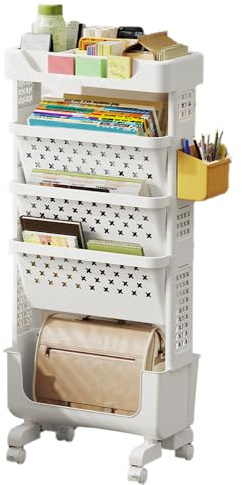 SINBINTA Mobiles Bücherregal mit Rädern, Zeitschriftenbuch-Organizer, Buchaufbewahrungswagen, 5-stöckiges Roll-Bücherregal für Schlafzimmer, Büro und Schule (Weiß)