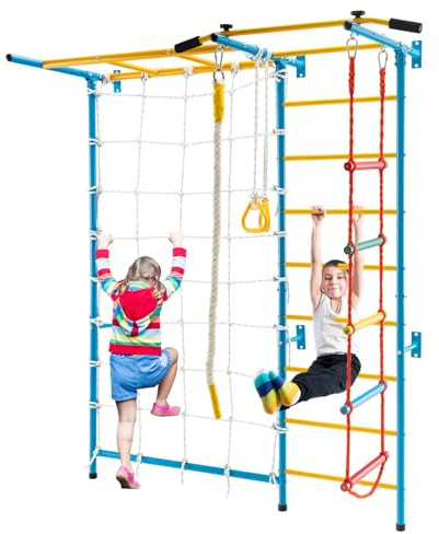 COSTWAY 7 in 1 Sprossenwand Kinderzimmer, Klettergerüst Indoor, Kletterwand aus Metall mit Klimmzugstange, Leiter, Seil & Netzwand, Turnwand für Kinder & Erwachsene, 200 kg Belastbar