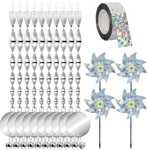 15 piezas de juego de ahuyentadores de pájaros reflectantes 10 piezas de espiral de viento antipájaros, 4 piezas de molinos de viento antipájaros con cinta para pájaros 2,4CM x80M Juego de espiral de