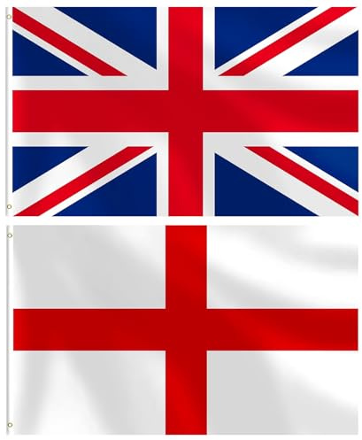 Banderas de la bandera del Reino Unido de 5 x 3 pies, paquete de 2 unidades, 1 bandera británica del Reino Unido y 1 bandera de Inglaterra de San Jorge, tela de poliéster con ojales de latón