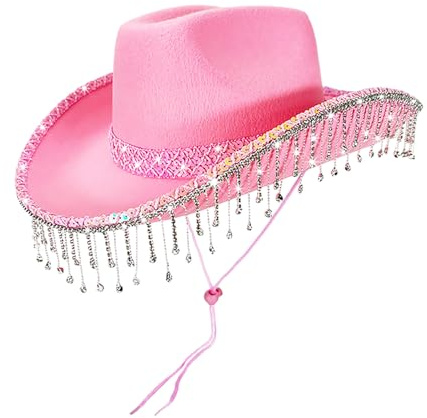 Cowboyhut Pink für Damen, Cowboy Hut Rosa Damen Glitzer Cowboyhüte mit Quaste Pailletten Cowgirl Hut Filzhut Westernhut Frauen Cowboyhut für Faschingskostüme, Karneval, Halloween, Mottoparty