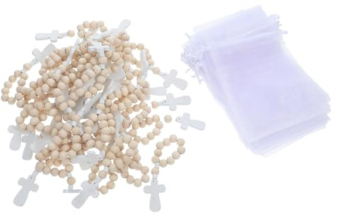 CONGARTENO 40 Stück Holzperlen Rosenkranzarmbänder mit Weißen Netzbeuteln Kleines Kreuzarmband zur Taufe Babyparty Kommunion Segensschmuck für Babys und Feierlichkeiten