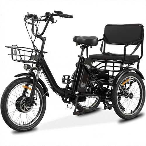 NOMIGO Elektro-Dreirad für Erwachsene, 48V 15Ah Akku, 35Nm, 20 Zoll Reifen, faltbares E-Trike mit 2 Sitzen, Front- und Heckkorb, LED-Display, bis 150 kg, Schwarz