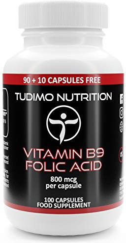 Vitamina B9 Acido Folico 800 mcg Capsulas - 100 Cápsulas (3+ Meses de provisión) de Desintegración Rápida, con 800mcg de Vit B9 Polvo de Ácido Fólico Puro (Folic Acid Supplement)