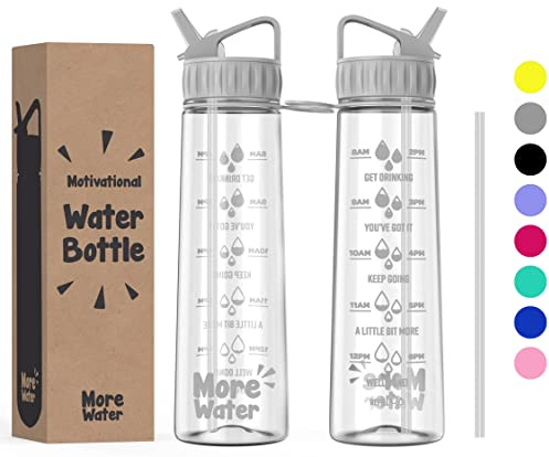 More Water Bottle With Straw, Motivational Time Markings 900ml - Drinking Tracker Bottles - Times to Drink - BPA Free Sports Bottles