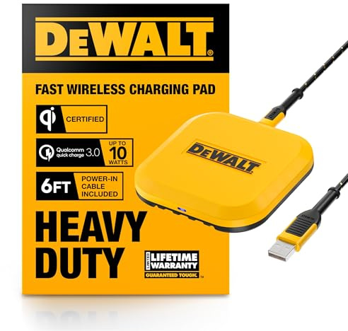 DEWALT Heavy Duty Wireless Charger, 10W Max Fast Wireless Charging Pad Compatible with iPhone 16/15/14/13/12/11/X/8 Pro Max Plus, Samsung Galaxy S22/S21, AirPods (Type C Cable & AC Adapter Included)