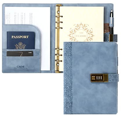 CAGIE Locking Journal for Adults Journal with Lock Large Binder Notebook 6 Rings Refillable,Combination Passwords,Classic Embossed Leather, Blue