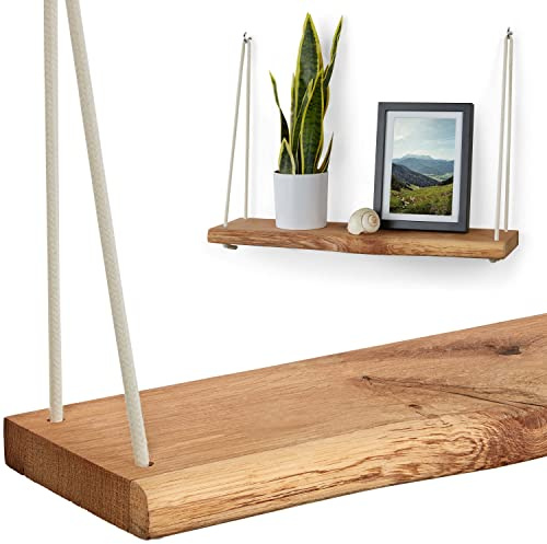 Villanord® Wandregal aus Deutscher Eiche - Rustikal mit Baumkante (60cm) - Massivholz Hängeregal - inkl. Seil & Haken - Holz