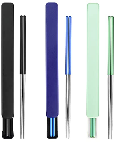 Portable Chopsticks Reusable Stainless Steel Chopsticks with case 3 Pairs chop stick for Camping,Travel,Bento Box(Black Blue Green)