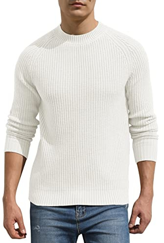 Hisir Suéter de punto de lana para hombre, cuello redondo, raglán, manga larga, suave, cálido, suéter de punto para hombre, blanco, L