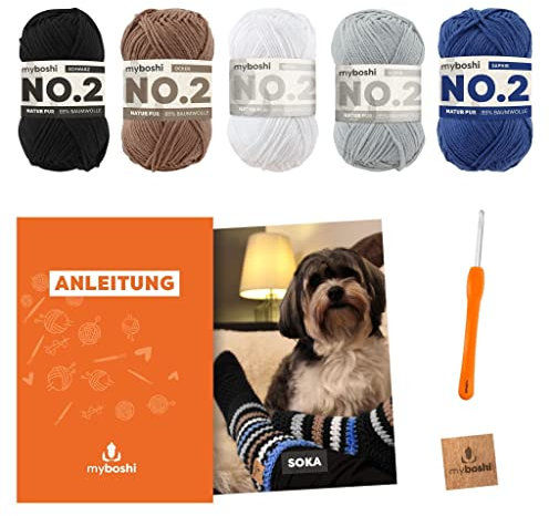 myboshi Häkelset Socken Soka, inkl. No.2 Wolle, Nadel und Anleitung, original Label, DIY-Häkelpaket, 85% Baumwolle, 15% Kapok Blau mit Häkelnadel