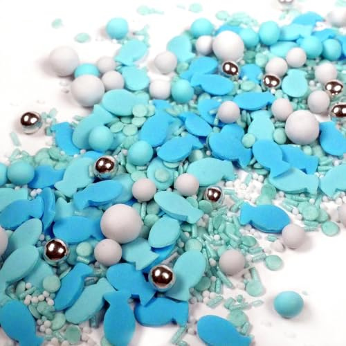 Streuselheld Taufe 40g Zuckerstreusel mit Fischen | Blauer Streusel-Mix mit Perlen Jimmies Nonpareille als Tortendeko zur Kommunion oder Firmung Sprinkles für Muffins, Cupcakes