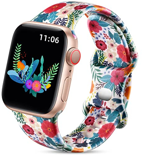 Upeak Bracelet Floral Double Compatible avec Apple Watch Strap 38mm 40mm 41mm 42mm(Series 10 11), Silicone Bracelet Souple pour iWatch Series 11/10/9/8/7/6/5/4/3/2/1/SE, Feuille de palmier