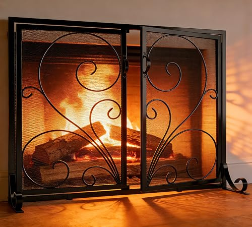 Calidola Flacher Kaminschutz mit Türen, massiver schmiedeeiserner Rahmen mit Metallgitter, dekorativer Kaminschutz mit Schnörkel-Design, freistehender Funkenschutz