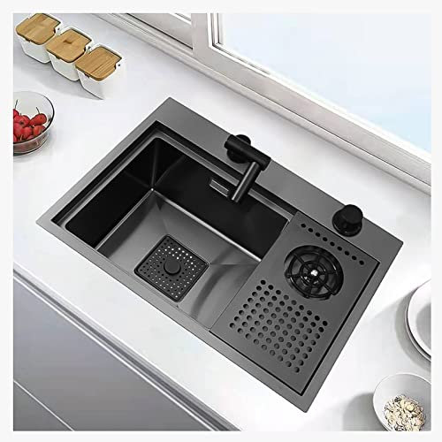 Évier De Cuisine avec Rince-Verres,Évier De Bar De Poste De Travail en Acier Inoxydable, avec Lave-Tasses Pulvérisateur pour Hôtel Café Restaurant (Color : Black-E, S : 60x43x21cm)