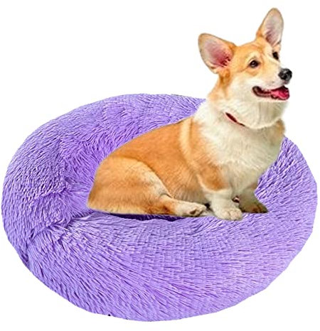 Rundes Kunstfell-Haustierbett, beruhigendes Hundebett, Anti-Angst, waschbares Welpenbett mit rutschfestem, plüschigem Kuschelkissen, große Hundebetten für mittelgroße und große Hunde und Katzen, M-90