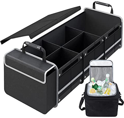 AOPHY Car Trunk Organizer with Insulated Cooler Bag, Foldable & Waterproof Storage Organizer with Lid for SUV, Truck, Sedan - 4 Large Adjustable Compartments, Heavy Duty & Collapsible Design