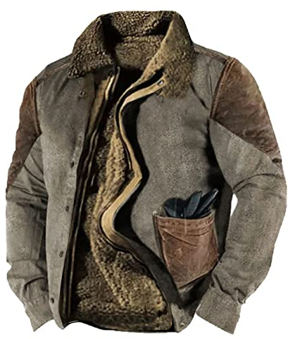 VIVICOLOR Herren Aztec Vintage Trucker Jackets Männer Fleece Gefütterte Taktische Jacke Casual Coat Revers Pelzkragen Sherpa Wintermäntel
