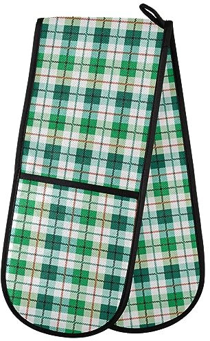 ZZXXB Green and White Checkered Double Oven Mitt Heat Resistant Non-Slip Kitchen Gloves Extra Long 7 x 35 for Cooking Baking Barbecue Grilling