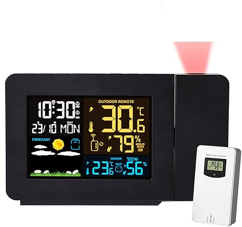 ExoticaBlend Projektionswecker Digitaler Wecker mit Projektion Innen/Außen Thermometer Hygrometer Wettervorhersage Komfortstufe Projektionsuhr Wetterstation mit Außensensor