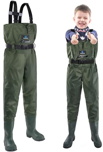 Trudave Kids Waterproof Youth Waders with Boots, Nylon/PVC Waders for Fishing & Hunting, Green, 10/11