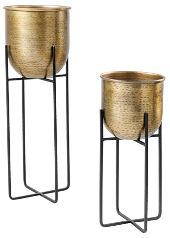 Blumentopf UNIT 20cm - schwarz gold - Metall / Eisen 2er Set Pflanzgefäß | handgefertigtes Unikat, Hammerschlag-Design, Rice-Muster, stabiler Stand, vielseitig kombinierbar
