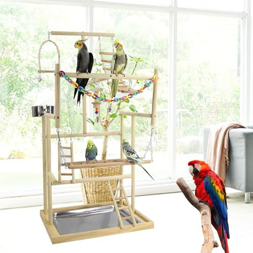 Whemyreat Cockatiel Playground - Large 4 Tier Structure for Parrots and Parakeets - Stand with Perches and Ladder in Natural Wood