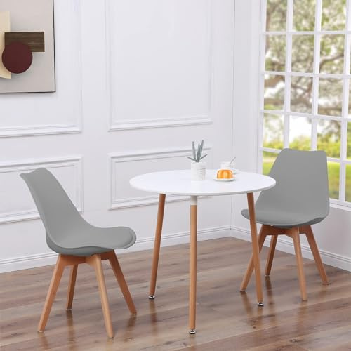 FURNITABLE Esszimmergruppe 3-teilig Essgruppe, Runder Esstisch mit 2 Stühlen, Holztisch Esszimmer-Set für Balkon, Küche, Wohnzimmer (Weiß Tisch + 2 Grau Stühle)
