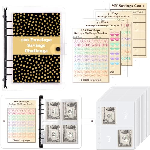 HAUTOCO 100 Envelope Saving Challenge, Ringbuch A5 Budgetplaner mit Challenge Tracker & Pre-numbered Taschen, Sparbuch Für Geld Challenge, Geldsparmappe für Zuhause, Schule, Schwarz