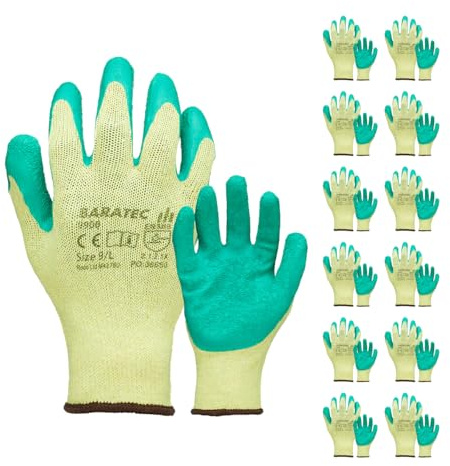 Baratec Pack of 12 Work Gloves, Latex Gloves, Safety Gloves, Size 8/M | Gardening Gloves, Mens Womens, Waterproof Latex Grip, Working Gloves, Heavy Duty Gloves, Builders, PPE, Protective Gloves