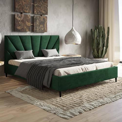 MOTIVENA Lea Polsterbett 180x200 mit Füßen, Bett 180x200 mit lattenrost, Polsterbett 180x200 ohne Bettkasten, Polsterbett 180x200 Samt, mit Kopfteil, ohne Matratze, Grün (Dunkelgrün)