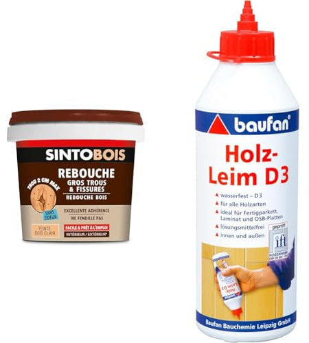 Sinto Rebouche Bois pour Gros Trous et Fissures Bois Clair - 500 g - Facile et Prêt à l’Emploi & Baufan Colle à Bois D3-500g I Étanche, Sans Solvant I Pour Tous Types de Bois, OSB, Stratifiés