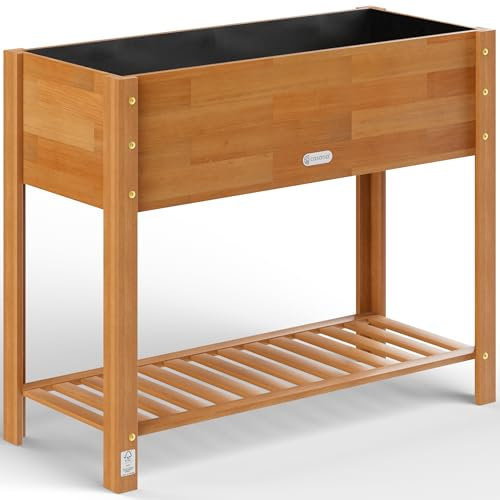 CASARIA® Wooden Raised Bed Flower Pot Planter | Garden Trough | 100x40x84cm | Solid FSC® Certified Acacia Wood | 2-Levels | Weatherproof | 2 Tier Shelf | Natural Brown