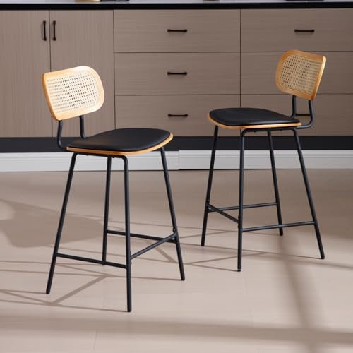 chairus Barhocker 2er Set Küchenhocker PU Leder, Barstuhl für Küche Bistrohocker mit Rattan Rückenlehne, Tresenhocker mit Metallbeine (Schwarz)