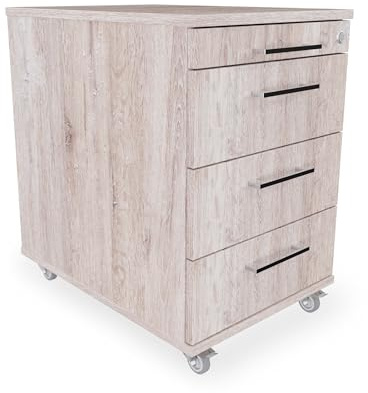 Eigentlich Rollcontainer Rollschrank, 43x60x65cm, Eiche modern | Büroschrank Schreibtischunterschrank mit 3 Schubladen und Materialauszug, rollbar, abschließbar, hauseigene Fertigung
