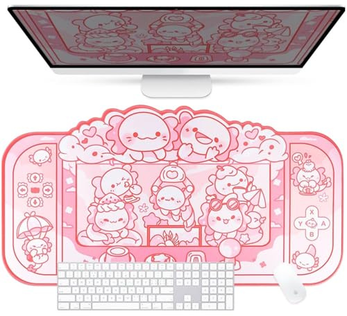 BelugaDesign Axolotl Desk Mat | Kawaii süße Anime Cartoon Tastatur PC Laptop Pastell großes Gaming Setup Zubehör Mauspad | Maschinenwaschbar rutschfeste Gummiunterseite Schreibtischunterlage Rosa Weiß